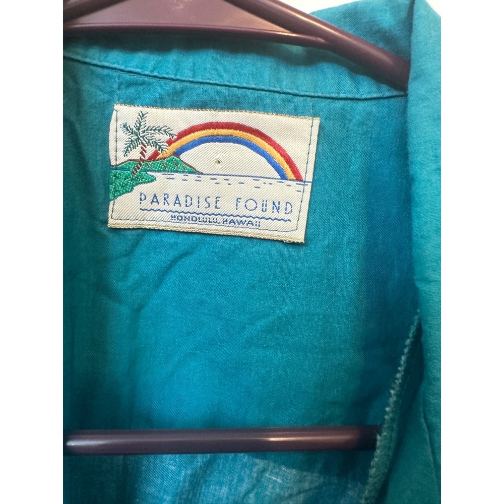 VTG Paradise Found Men Teal Bird of Paradise Floral Aloha Hawaiian Shirt Green L - Picture 2 of 4